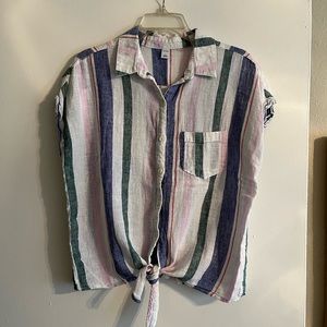 Short Sleeve Striped Tie-Front Shirt
